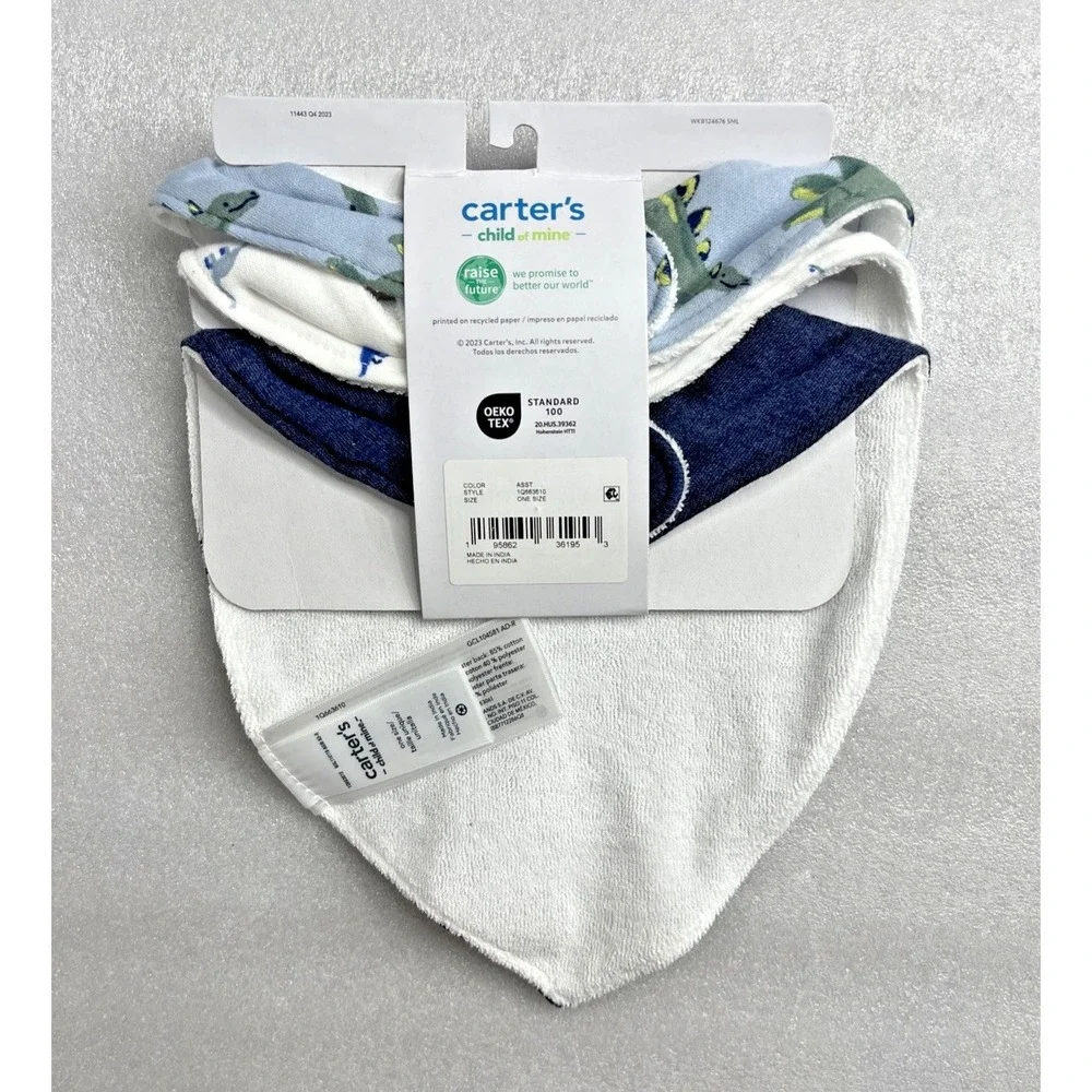 Carter's Child of Mine Baby Bandana Bibs Dinosaur 3-Pack‎ One Size Snap Closure